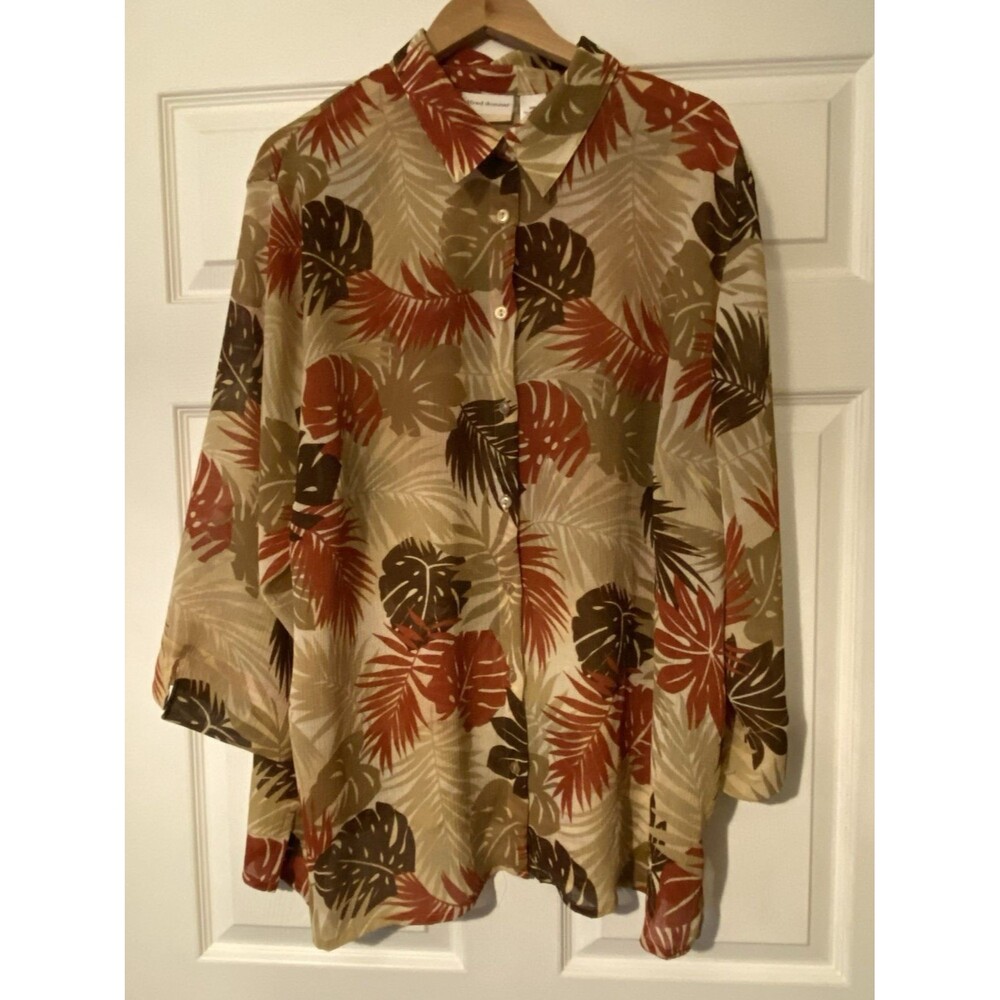Alfred Dunner button up sheer blouse Plus size 24W leaf pattern